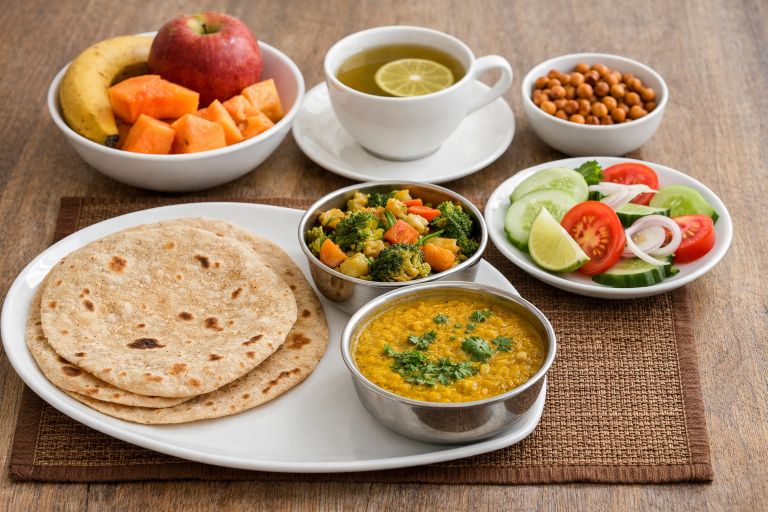 Healthy Indian diet chart meal for weight loss without exercise with chapati, dal, vegetables and fruits