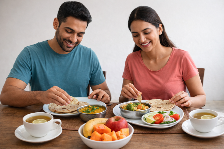 Healthy Indian diet chart meal for fat loss without gym with chapati dal vegetables and fruits Couples Eating
