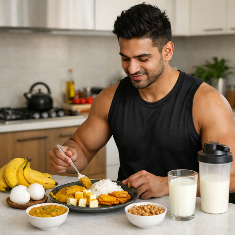 Post Workout Meal For Muscle Gain (Complete Guide for Faster Results) Post workout meal for muscle gain with healthy Indian foods like rice, dal, eggs, and banana