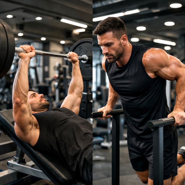 A muscular man performing chest and triceps workout in a modern gym environment