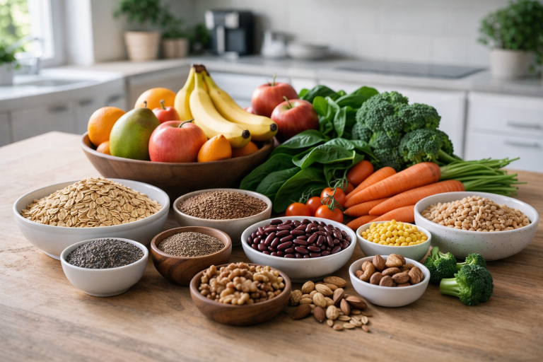 A variety of high fiber foods including fruits, vegetables, grains, and seeds arranged on a table