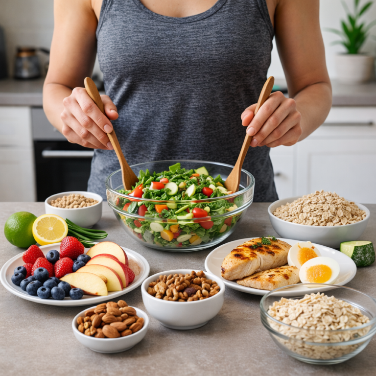 Weight Loss Diet to Lose Fat Naturally Healthy weight loss diet meal with salad fruits oats and protein foods for fat loss