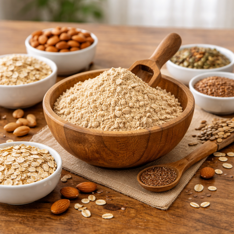 Home Made Protein Powder Natural Affordable & Effective Muscle Gain Solution Homemade protein powder made with almonds oats peanuts and seeds in a bowl