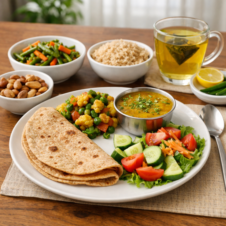 Healthy Indian diet plan for diabetic patient with balanced meal including chapati, vegetables, dal and salad